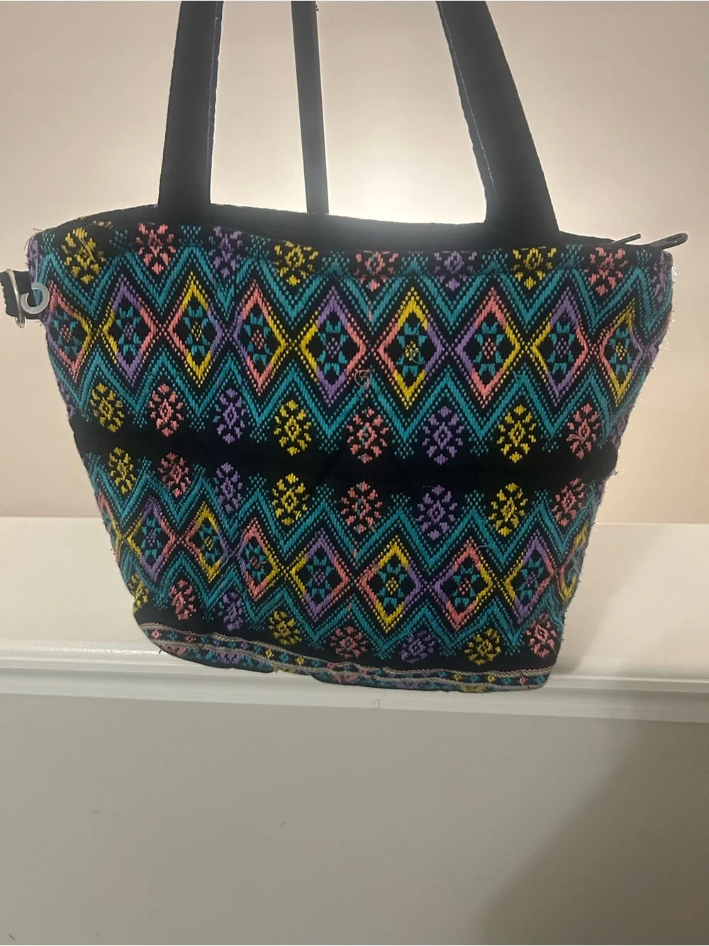Boho Diamond-Embroidered hobo-style Bag - Black with Teal, Pink & Yellow Accents
